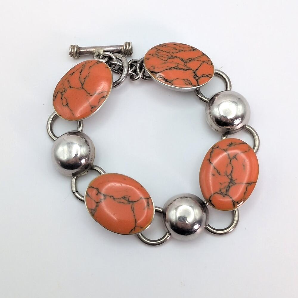 Sterling Silver 925 Mexico Orange and Black Oval Gemstone Toggle Bracelet 39.6g - Picture 2 of 9